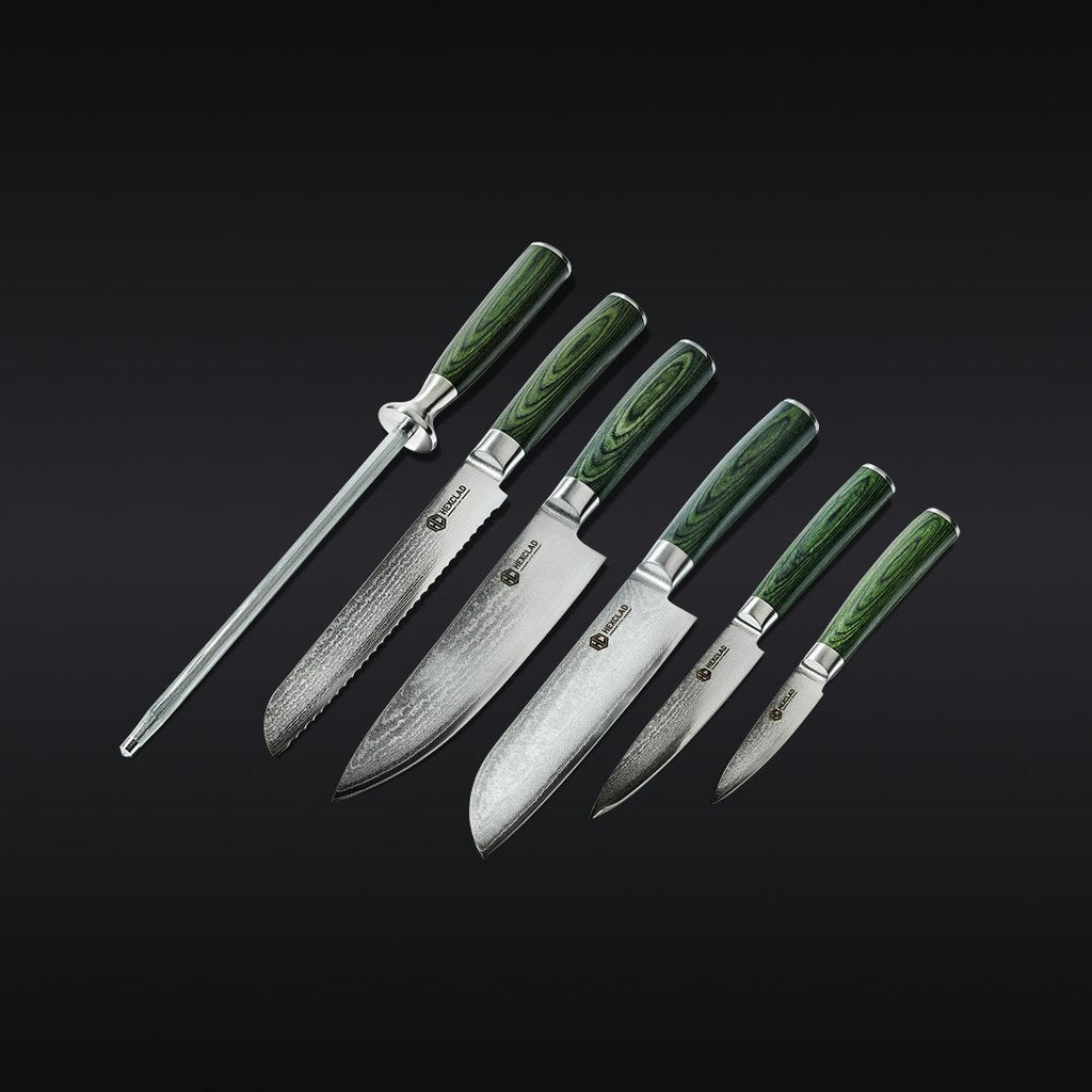 Essential Damascus Steel Knife Set, 6-pc (Green) • HexClad